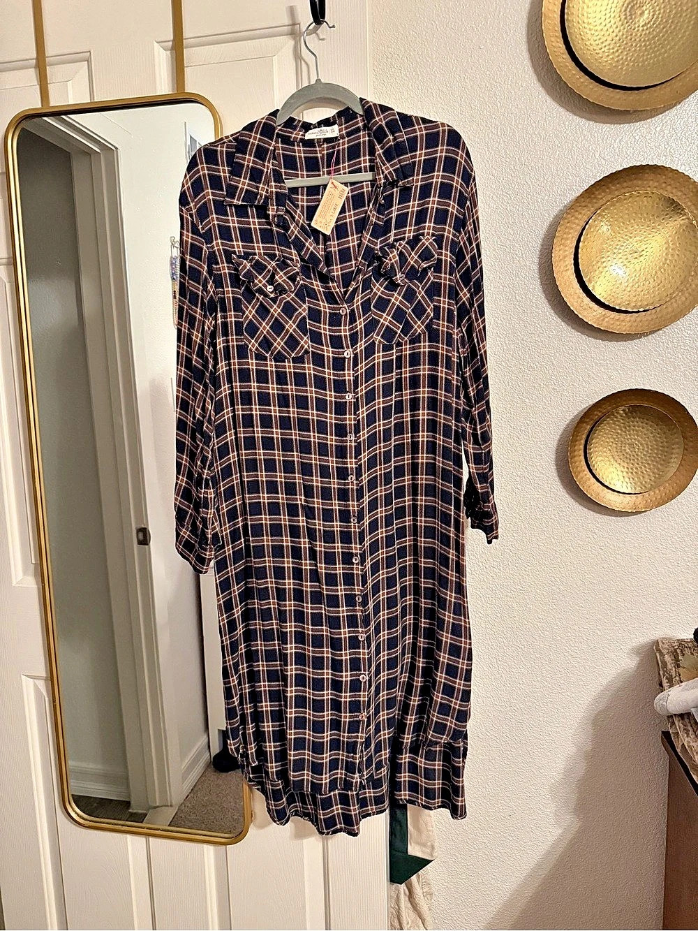 Natural Life Plaid Midi Dress Blue & Brown Size XL